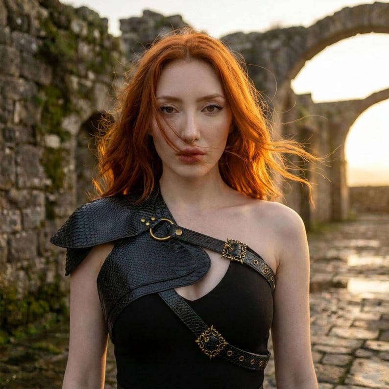 May include: A black textured shoulder armor piece featuring a snakeskin-like pattern, secured with a brass-toned metal ring and ornate rectangular buckles. The accessory is worn over a simple black top, covering one shoulder with a layered design.