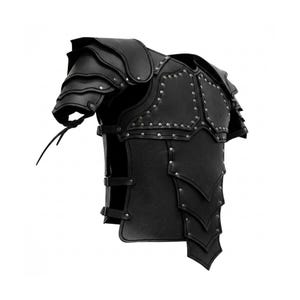 May include: A black leather chest and shoulder armor piece featuring layered plates, metallic silver rivets along the edges, and adjustable side straps with buckles. The design includes segmented pauldrons and a multi-layered torso section.