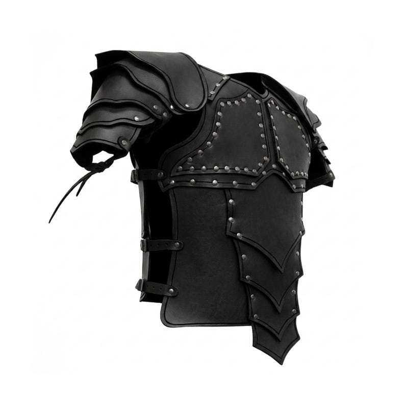 May include: A black leather chest and shoulder armor piece featuring layered plates, metallic silver rivets along the edges, and adjustable side straps with buckles. The design includes segmented pauldrons and a multi-layered torso section.