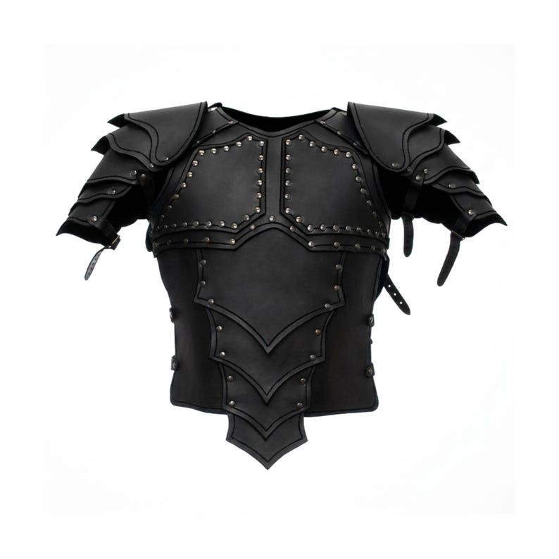 May include: A black leather chest armor piece featuring layered, scalloped plates on the shoulders and torso. The armor is constructed with multiple overlapping sections secured by small, evenly spaced silver-toned metal rivets along the edges.