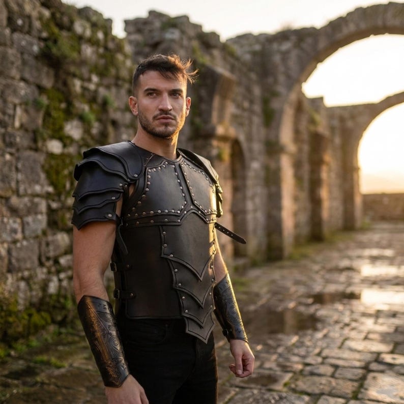 May include: A black leather chest plate armor featuring layered shoulder pauldrons, a structured bodice with silver-toned metal rivets, and matching forearm bracers. The armor is secured with side straps and buckles, providing a fitted appearance.