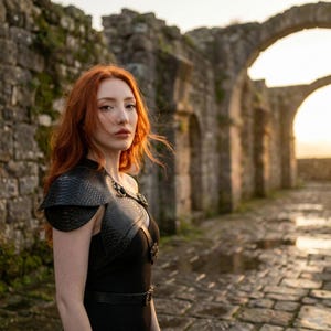May include: A black sleeveless dress featuring a textured, scale-patterned leather shoulder piece and chest harness. The garment includes a matching belt at the waist with a metallic buckle, creating a structured look with layered armor-like detailing.