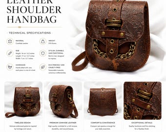 Handmade Leather Shoulder Bag, Embossed Cowhide Purse, Viking Renaissance Crossbody Bag, Vintage Floral Satchel, Unique Fantasy Gift for Her