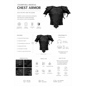 May include: Black chest armor featuring riveted detailing, shoulder pauldrons, and adjustable side buckles. The armor measures 20.5 inches in height and 22.4 inches in width. Text includes STEAMPUNK & MEDIEVAL CHEST ARMOR, RULE THE PAST. OWN THE LEGEND.