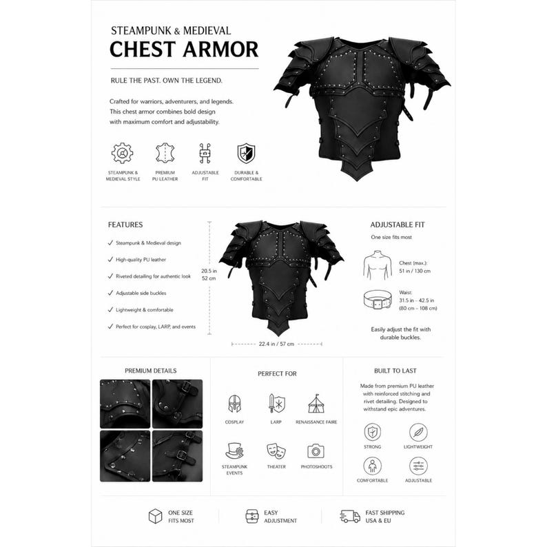 May include: Black chest armor featuring riveted detailing, shoulder pauldrons, and adjustable side buckles. The armor measures 20.5 inches in height and 22.4 inches in width. Text includes STEAMPUNK & MEDIEVAL CHEST ARMOR, RULE THE PAST. OWN THE LEGEND.