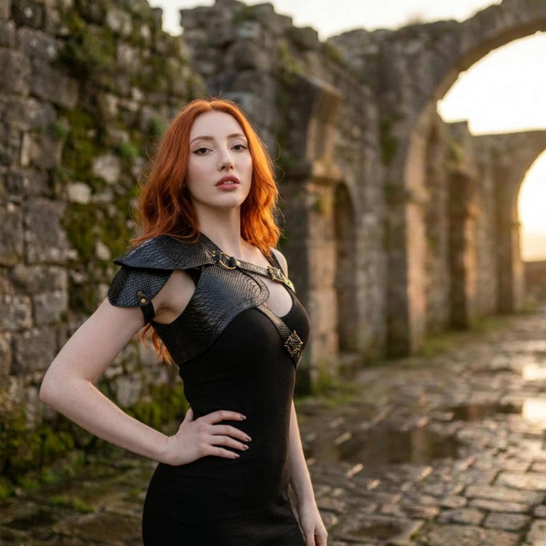 May include: A black textured shoulder armor piece with a snakeskin-like pattern, featuring metallic ring hardware and decorative filigree accents. The armor is worn over a simple black sleeveless dress, creating a structured and layered appearance.