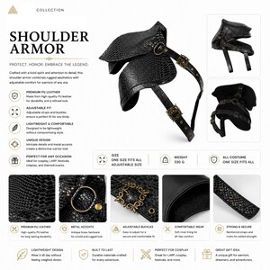 May include: Black shoulder armor featuring a textured snakeskin pattern, antique brass buckles, and adjustable straps. The piece includes metal hardware, a soft inner lining, and weighs 330 grams. The design displays multiple views and details.
