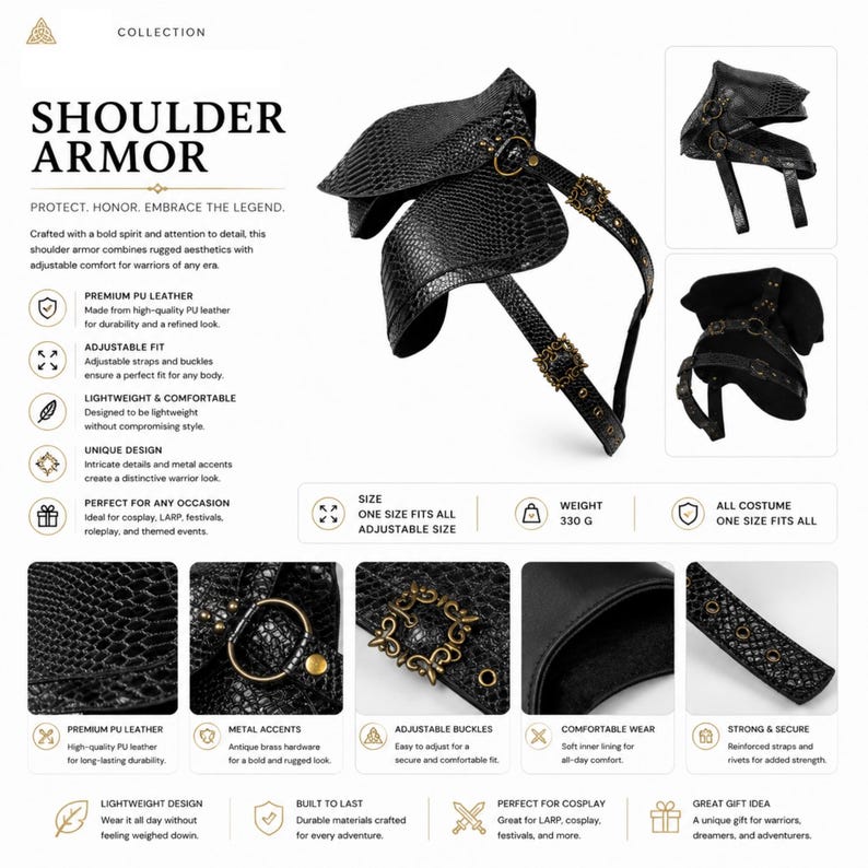May include: Black shoulder armor featuring a textured snakeskin pattern, antique brass buckles, and adjustable straps. The piece includes metal hardware, a soft inner lining, and weighs 330 grams. The design displays multiple views and details.