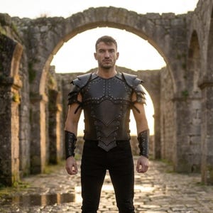 May include: A black leather chest plate armor featuring layered shoulder pauldrons and matching forearm bracers. The armor is constructed with multiple overlapping panels secured by small metal rivets, providing a structured, segmented appearance.