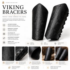 May include: A pair of black arm bracers featuring embossed Norse-inspired patterns and runes. The bracers include a black lace-up closure on the side. Dimensions are listed as 25.2 cm in length, 23.5 cm in width, and 18 cm in lower length.
