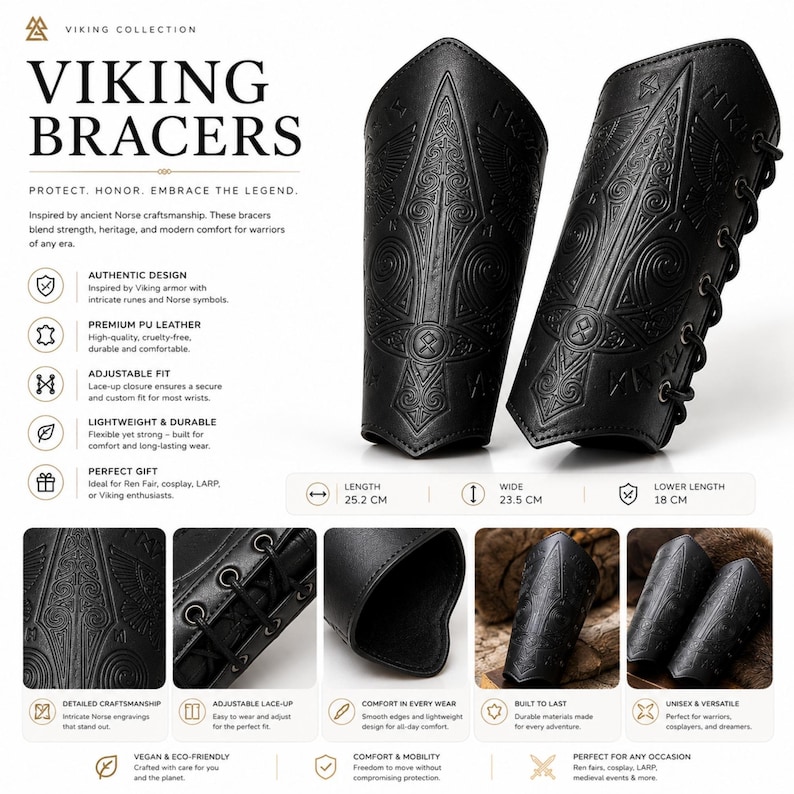 May include: A pair of black arm bracers featuring embossed Norse-inspired patterns and runes. The bracers include a black lace-up closure on the side. Dimensions are listed as 25.2 cm in length, 23.5 cm in width, and 18 cm in lower length.
