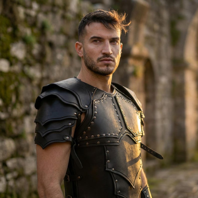 May include: A black leather chest and shoulder armor set featuring layered pauldrons, a structured breastplate with defined panels, and metallic rivets along the seams. The armor is secured with adjustable straps and buckles on the sides.