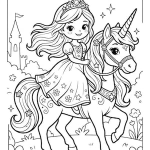 Könnte beinhalten: Eine schwarz-weiße Malvorlage, die eine Prinzessin mit langem Haar und einer Krone zeigt, die auf einem Einhorn reitet. Das Einhorn hat ein Horn, einen verzierten Zaum und Sternmuster in der Mähne und im Schweif. Ein Schloss ist zu sehen.