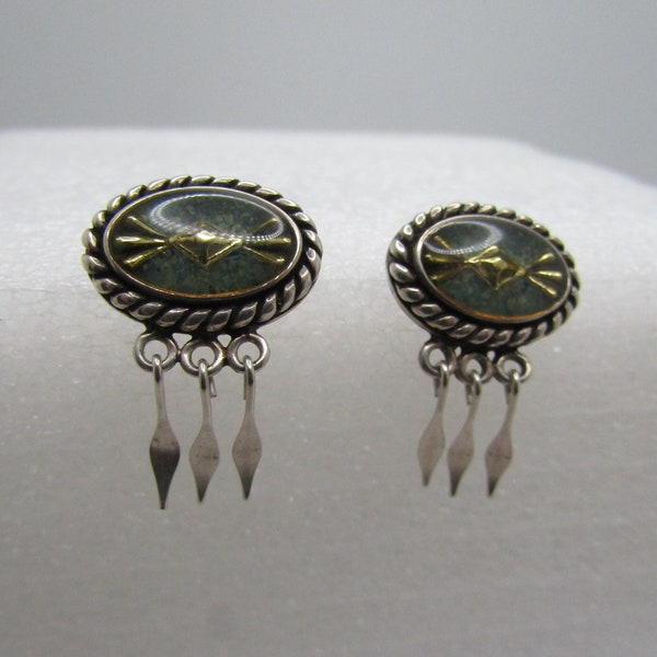 Sterling Carolyn Pollack Relios Inlaid Brass Mosaic Earrings, Pierced Earrings.