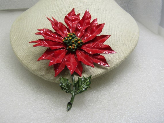 Vintage Large Enameled Poinsettia Brooch, Christmas, Statement, 1960's, 5"