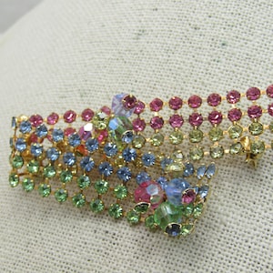 Vintage  Rhinestone Curled Ribbon Brooch, Pastel Multi-Row, 2.5&quot;, 1960&#39;s