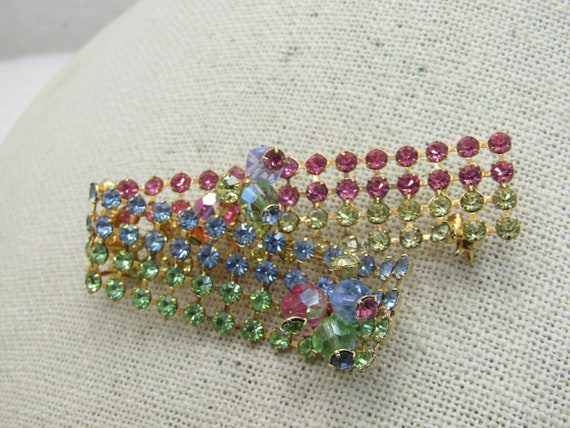 Vintage  Rhinestone Curled Ribbon Brooch, Pastel Multi-Row, 2.5", 1960's