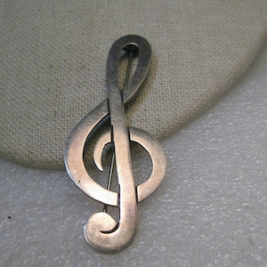 Vintage Sterling Treble Clef Brooch, Mexico, 1960&#39;s-1970&#39;s, 2-5/8&quot; tall, 9.23 gr.