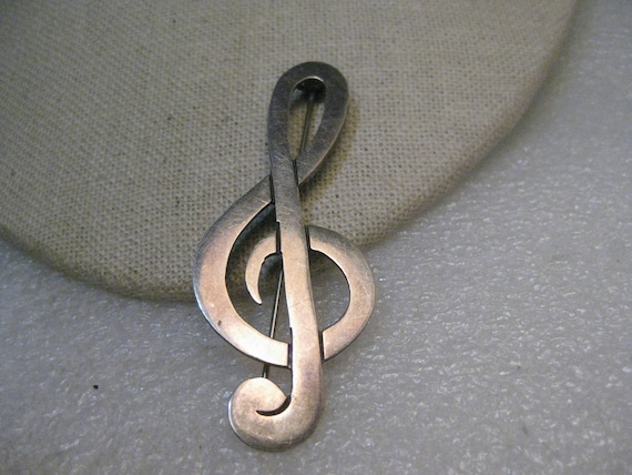 Vintage Sterling Treble Clef Brooch, Mexico, 1960's-1970's, 2-5/8" tall, 9.23 gr.