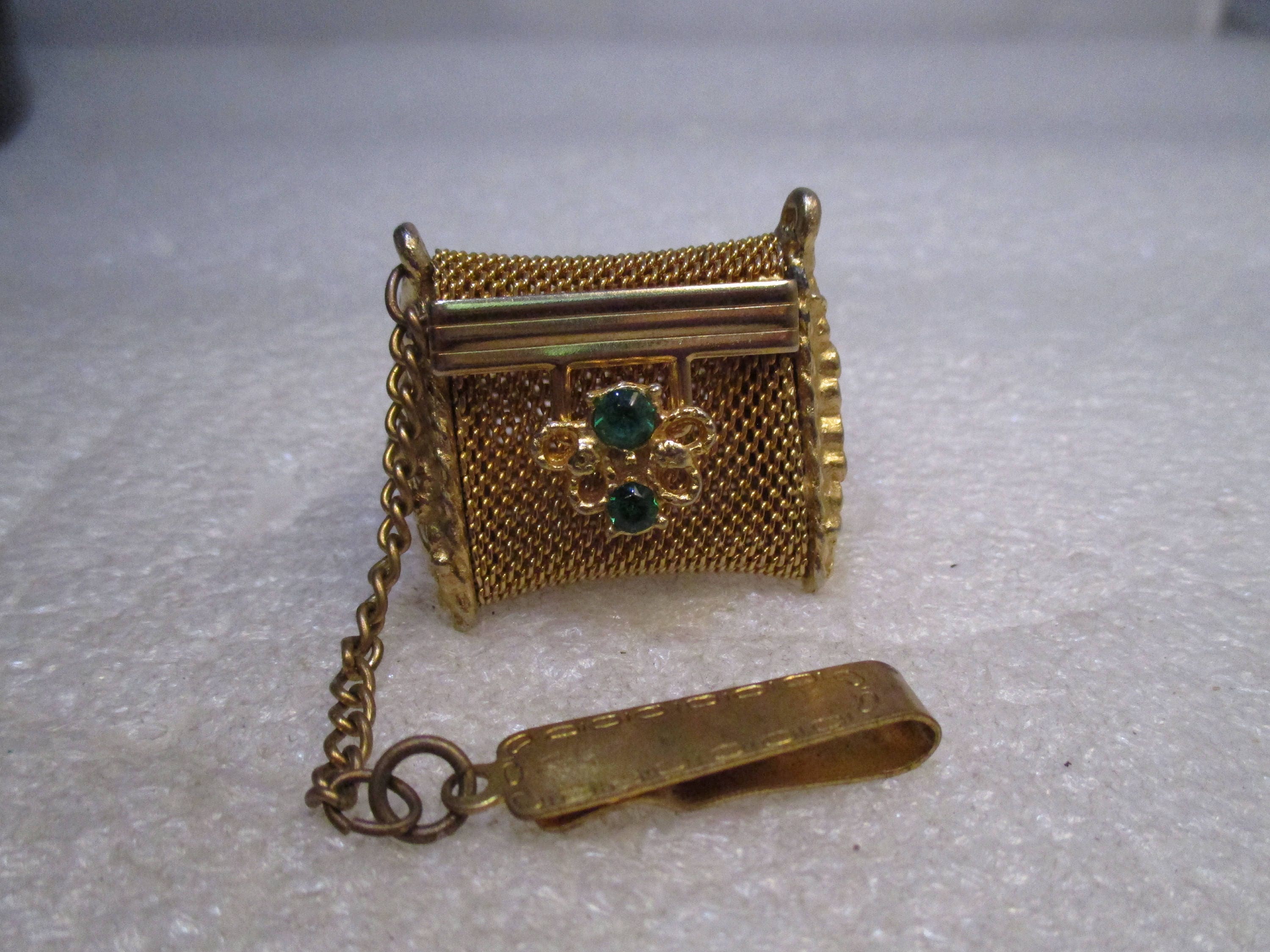 Vintage Mesh Triangular Purse Pill Box with Clip, Green Rhinestones