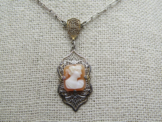 Vintage Sterling Filigree Cameo Lavalier Necklace , 17", Signed H.