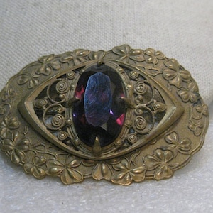 Art Nouveau Brass Amethyst Clover Brooch. 3-leaf clovers ,  3&quot; Long, early 1900&#39;s