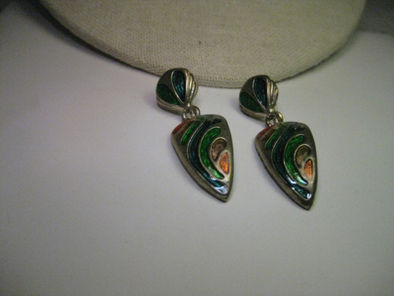 Vintage Silver Tone Enameled Stud & Dangle Pierced Earrings - 1980's,  2" long