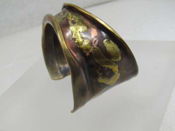 Vintage Bronze Folded Cuff Bracelet, Brutalist, 6.25"