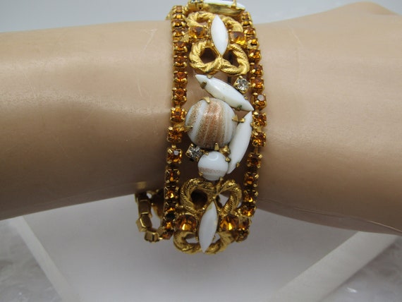 Vintage White & Honey Rhinestone Bracelet, Glitter Glass Cabochons, 7.5", Mid-Century