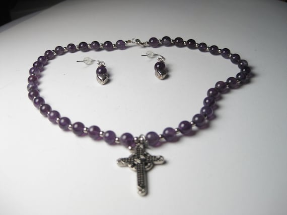 Vintage Silver Tone Amethyst Beaded Necklace, Cross Pendant, Matching Heart Dangle Pierced Earrings, 13.5"