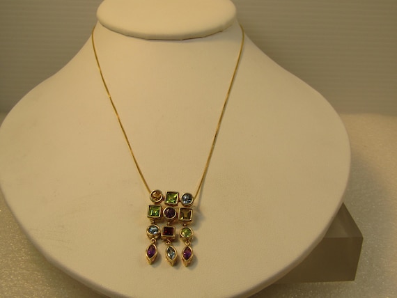 Vintage 14kt Mixed Gem Dangle Pendant Necklace, 16", 1980's-1990's.