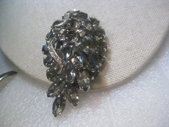 Vintage Silver Tone Smokey Rhinestone Weiss Brooch, Art Deco, 2.75" long