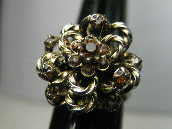 Vintage Goldtone Victorian Themed  Adjustable Looped Ring with Amber Rhinestone Accebts, Domed Ring, Adjustable to sz. 9