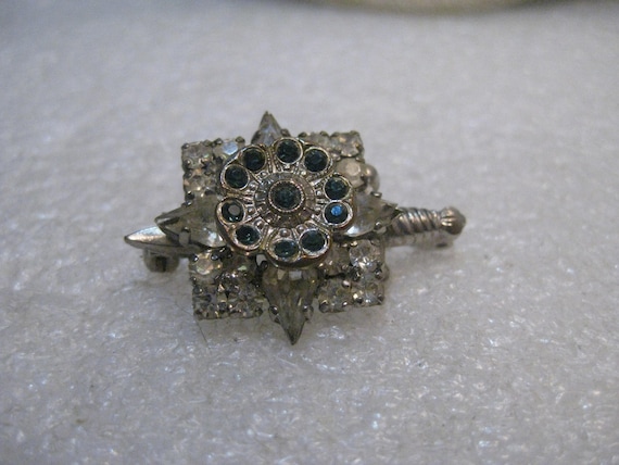 Vintage 1940's Rhinestone Dagger Brooch with a Square, Star, Flower - Silver Tone, 1.25"