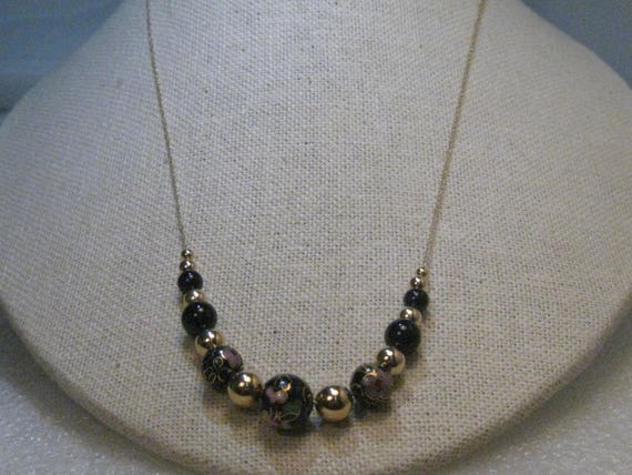 14Kt Gold Cloisonne Beaded Necklace, 24", Black & Gold Beads, 5.45 grams, Asian Themed