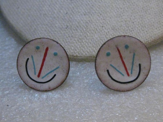 1960's Enameled Copper Earrings Screw Back, White… - image 2
