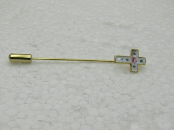 Vintage Enameled/Guilloche  Cross Stick Pin, Gold Tone, 1960's, 2.5"