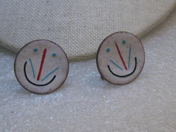 1960's Enameled Copper Earrings Screw Back, White… - image 3