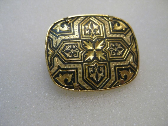 Vintage Damascene Geometric Cross  Brooch, 1" wide, BLack and Gold