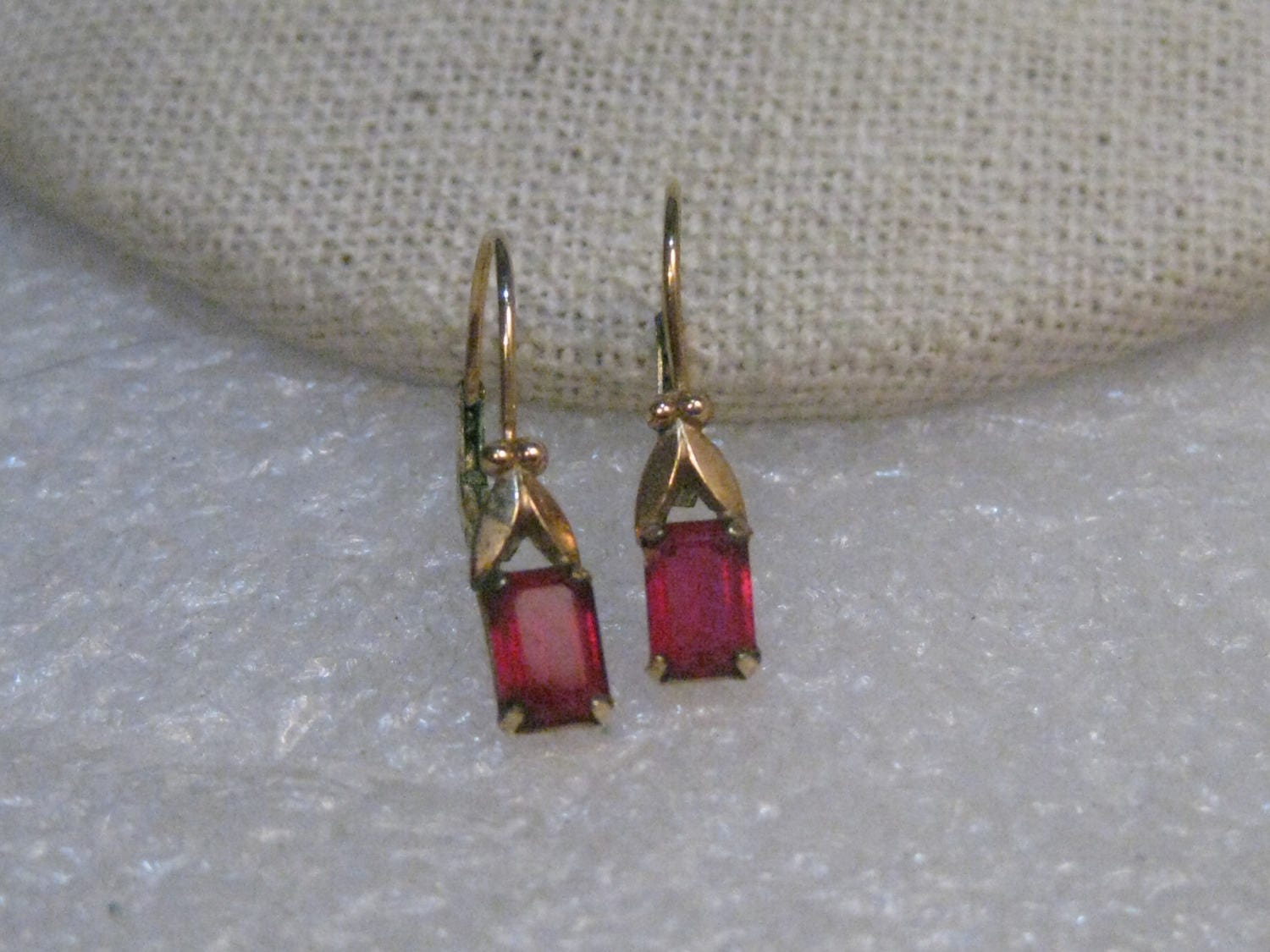 Vintage Faux Ruby Pierced Earrings, Emerald Cut, Rolled Gold, Lever