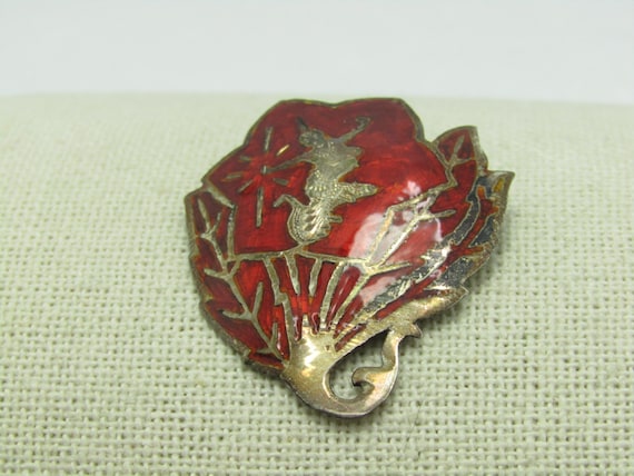 Vintage Sterling Siam Red Brooch, Mekkala Goddess on Fan/Leaf, 1.5", 6.19 gr., 1940's-1950's