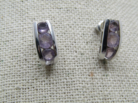 Vintage Sterling Amethyst Curved Drop Earrings, Pierced, Signed R, 1980's-1990's