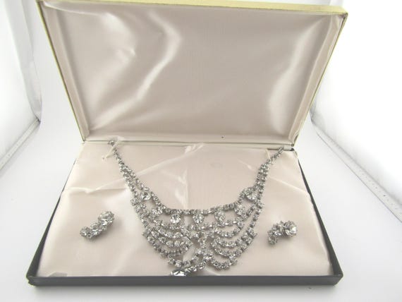 Vintage Clear Rhinestone Drop Necklace, Screwback Earrings, Original Box, 1940's-1960's, 16"