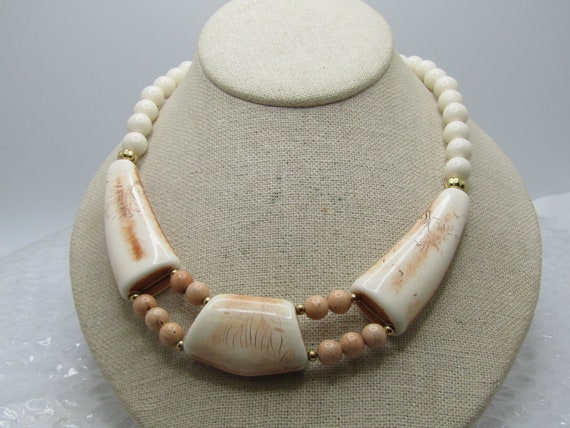 Vintage Faux Bone Necklace 18", Tribal Themed, 1970's-1980's.