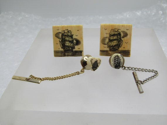 Vintage Tall Ship Scrimshaw Cufflinks & Tie Tacks, Scrimshaw Workshop, LTD