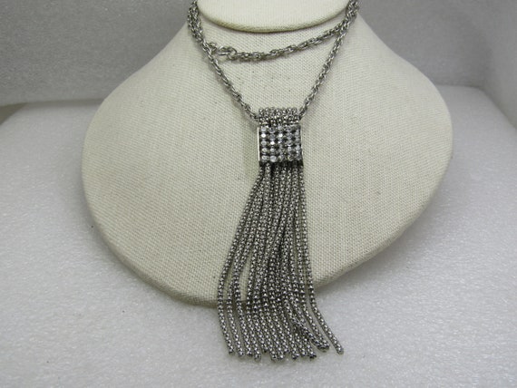 Vintage Rhinestone Tassel Necklace, 24", Silver Tone