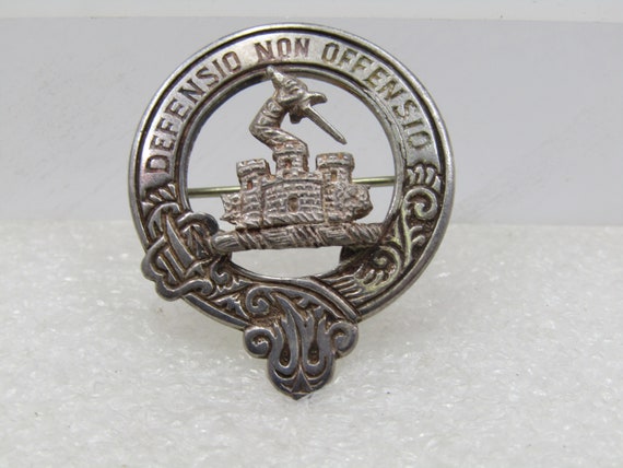 Vintage Sterling Castle and Sword Clan Brooch, Medlock & Craik, 1.5" tall and 1.25" wide