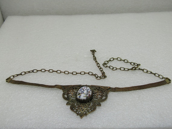 Victorian Mesh Drop Necklace, 23" Filigree & Porce