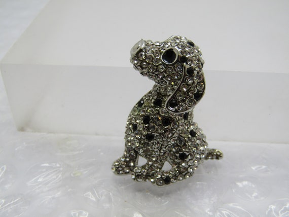 Vintage Rhinestone Dalmation Dog Brooch, Black/Clear, 1980's.