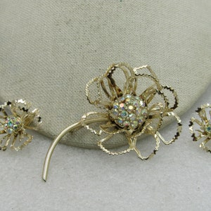 Vintage Sarah Coventry Rhinestone Floral Brooch & Clip Earrings Set 1960&#39;s-1970&#39;s
